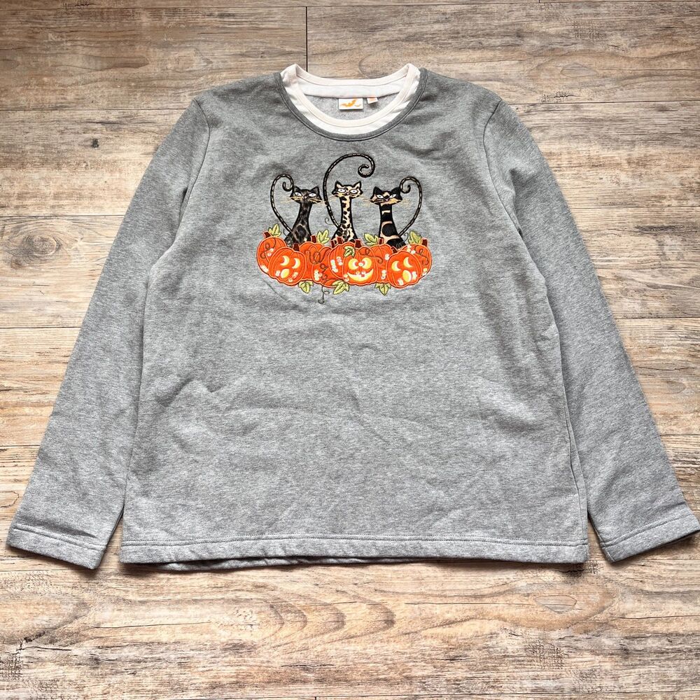 Vintage Halloween Cat Pumpkin Sweatshirt Cottagecore Granny 90s XL Top Cute